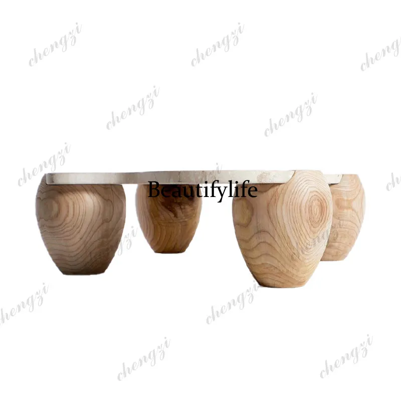 Ivory white travertine Nordic natural tea table solid wood base simple villa senior design living room
