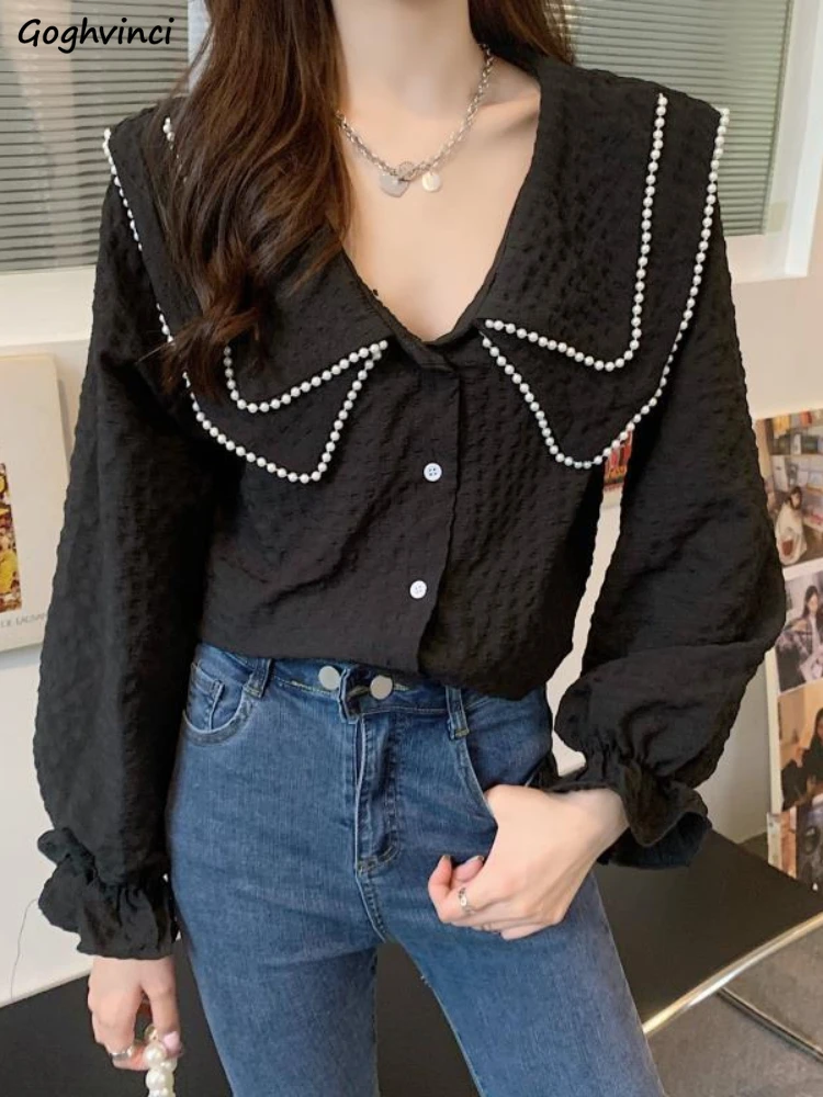 

Black Shirts Women Long Sleeve Peter Pan Collar Baggy Fit Korean Style All-mach Design Vintage Female Streetwear Casual Daily