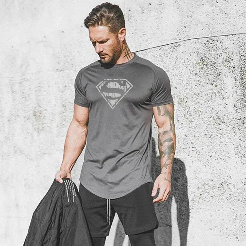 

Polyester Gym Bodybuilding Muscle Shirts Summer Mesh Short Sleeve Sport T-Shirts Breathable Quick Dry Tops Mens Fitness Clothing