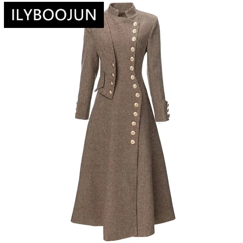 

ILYBOOJUN Fashion Designer Autumn Winter Plaid Tweed Coat Women Stand Collar Long Sleeve Double-Breasted England Style Outwear