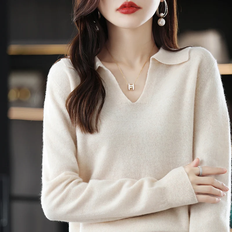 100% Wool Cashmere Sweater Women\'s 2022 Autumn And Winter New Lapel High-Grade Sweater Knitting Loose Set Head Short Top S-XXL