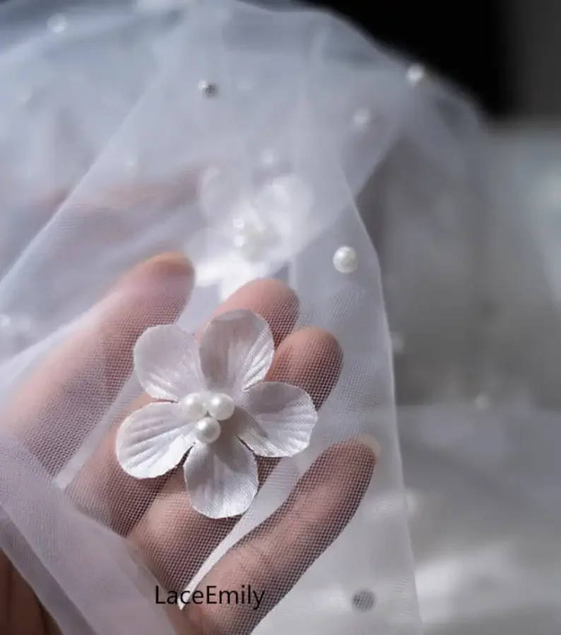 

12 Colors 3D chiffon flower bead pearl lace fabric Beaded floral soft tulle for Wedding Dress Party Dress Tutu Dress 1 Yard