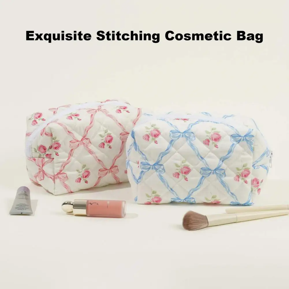 Women Cosmetic Bag Floral Bow Print Large Capacity Lightweight Lipstick Eyebrown Pencil Makeup Brush Travel Makeup Pouch 파우치