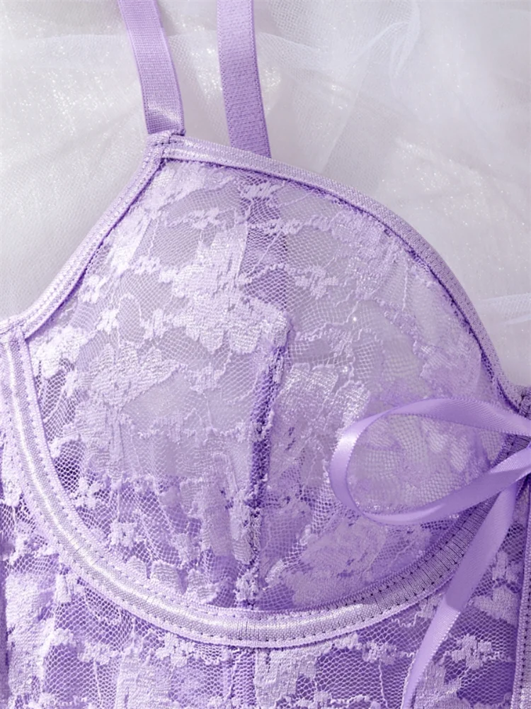 Fairy Sexy Lingerie Floral Lace Transparent Bra Set Purple Romantic Lingerie Garter Ruffles Underwear Beautiful Bandage Lingerie