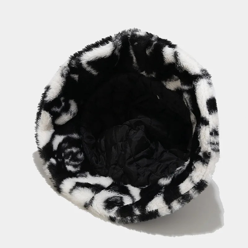 Panda Print Faux Fur Bucket Hat Winter Cap For Women Men Outdoor Warm Fluffy Fisherman Hats Panama Bob