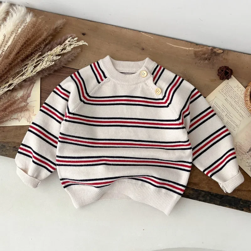 Baby Casual Sweater for Girls Boys Clothes 2023 Autumn Winter New Infant Fashion Knitted Striped Long Sleeve Pullover Tops