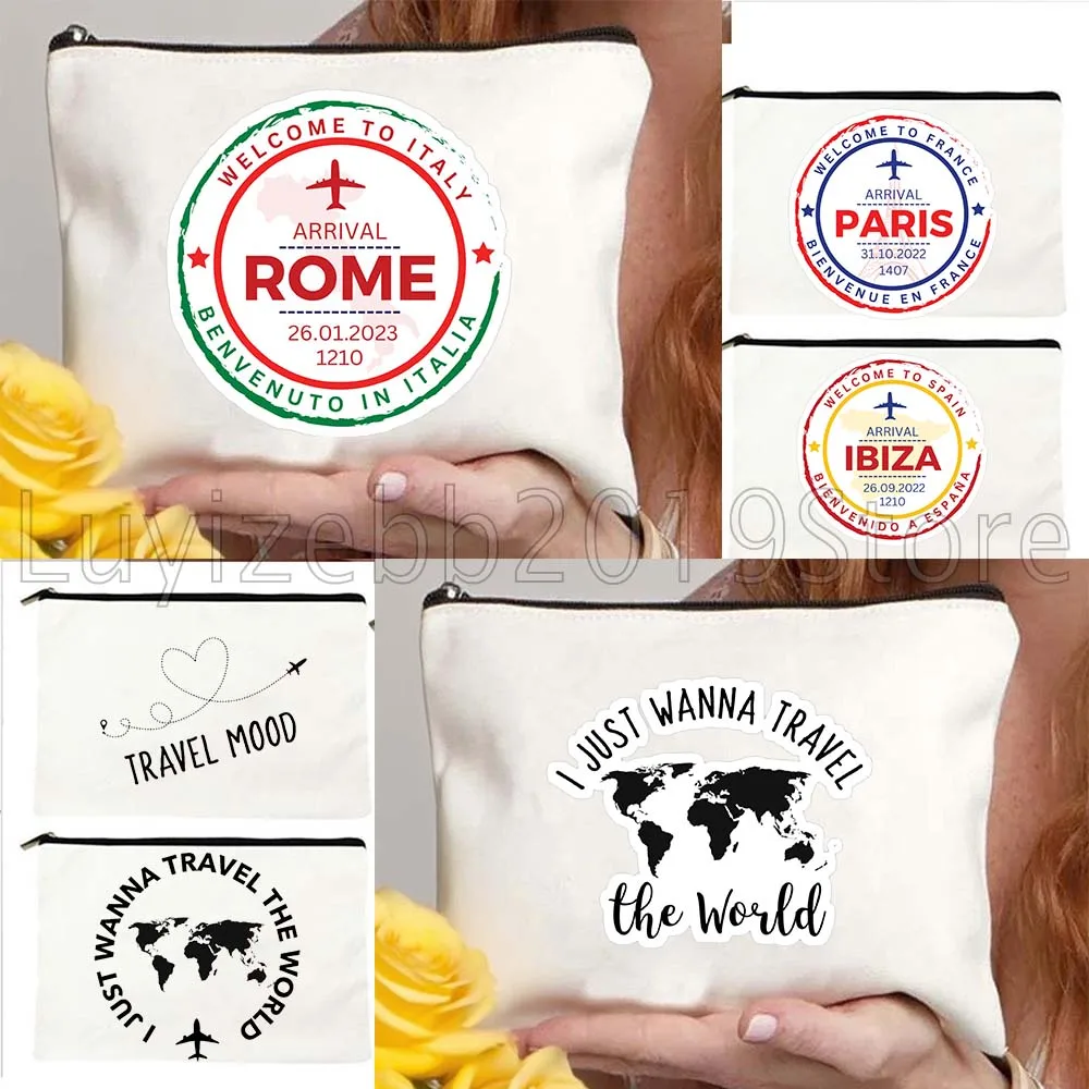 Travel The World Spain Paris Rome Passport Stamp Gifts Canvas Cosmetic Bag Makeup Case Travel Toiletries Organizer Storage Pouch