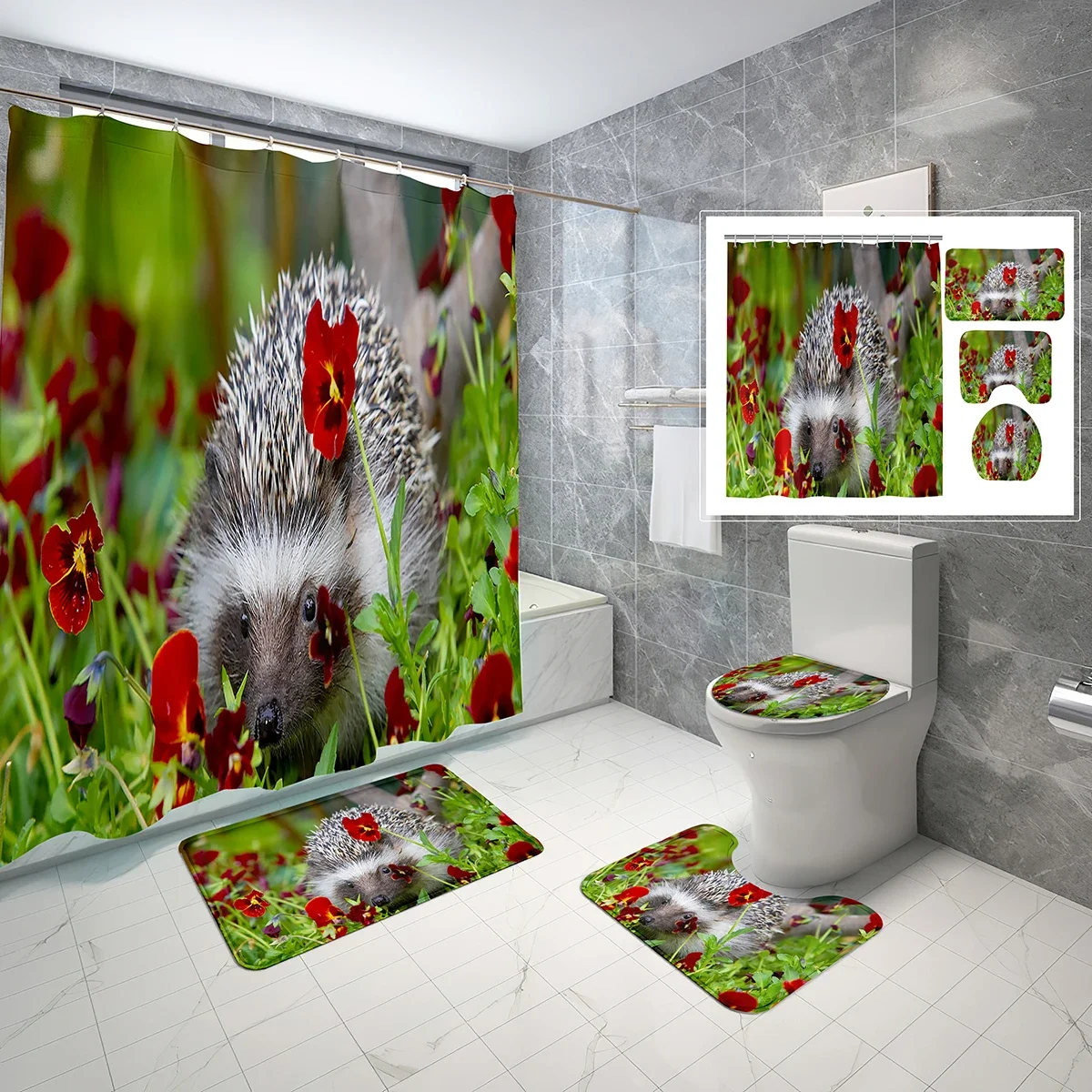 

Hedgehog Shower Curtain Set Red Safflower Animal 4 Pcs Shower Curtain Bathroom Non-Slip Bath Mat Toilet Cover Shower Curtain Set