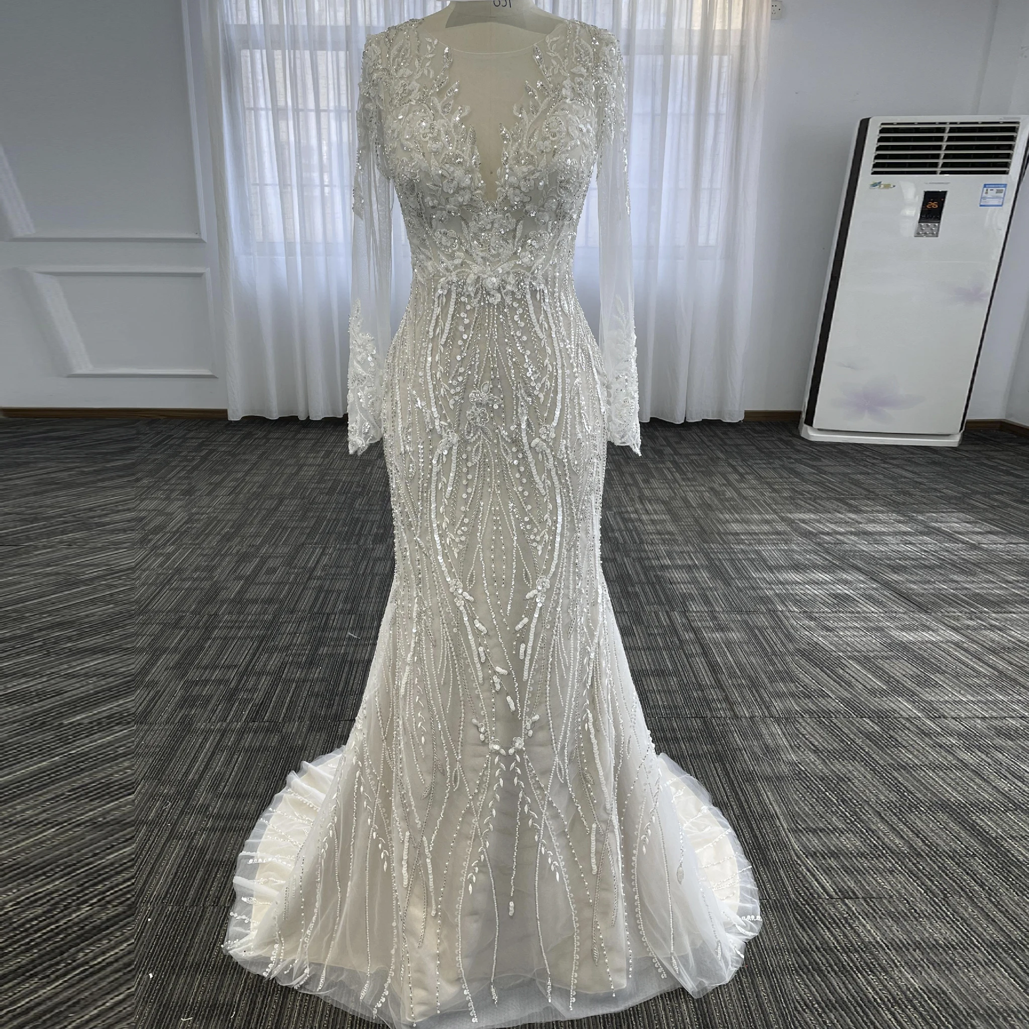 Rosymae-Meerjungfrau-Spitze-Langarm-Brautkleider, transparente Halskleider, Vestido de Novia Boda Civil