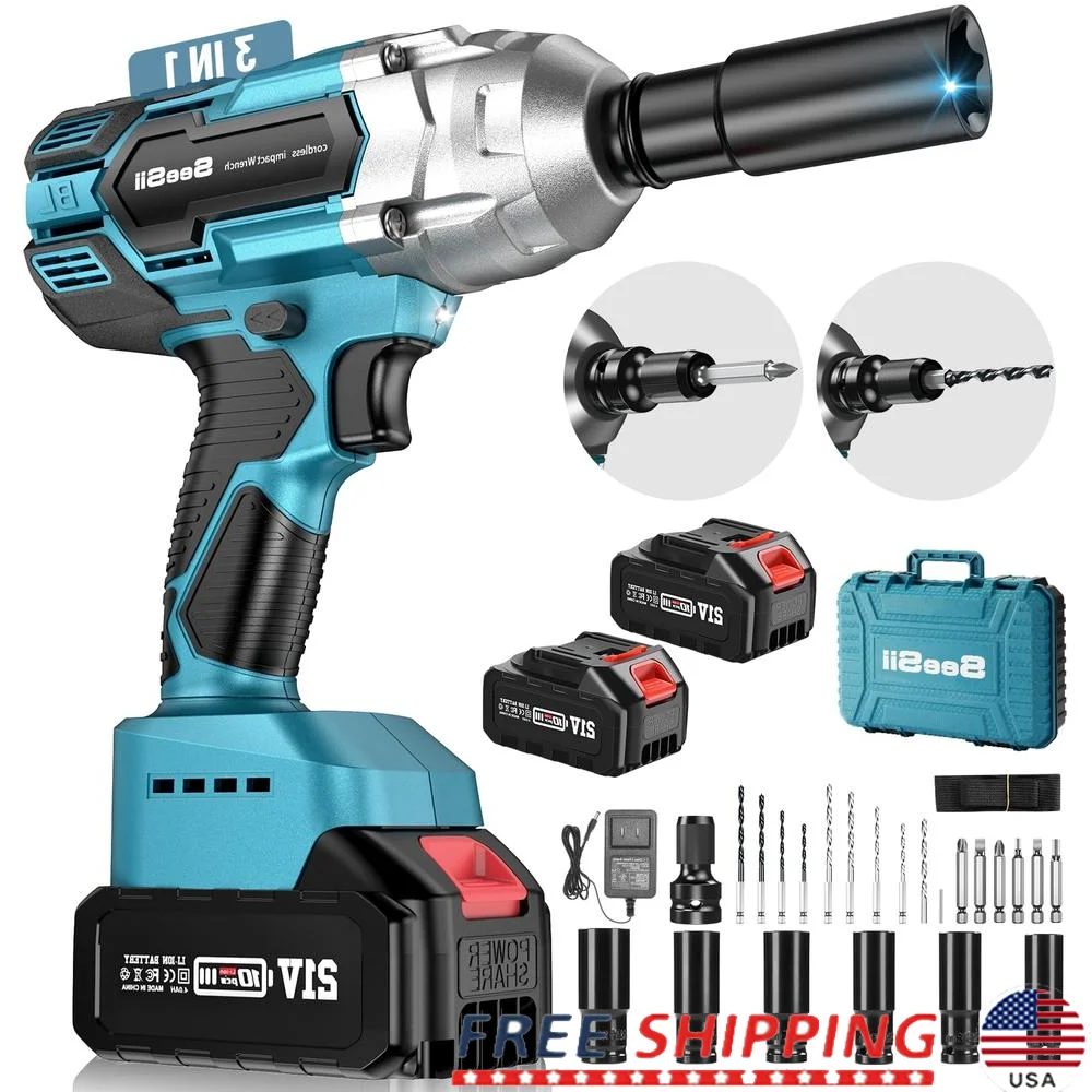 21V Brushless Impact Wrench 1/2 inch Max Torque 479 Ft-lbs(650Nm w/ 2x 4.0 Battery High Efficiency Motor 6 Sockets 9 Drill Bits