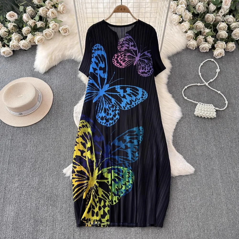 New Miyake Pleated Skirt 2024 Summer Women High End Butterfly Print V Neck Short Sleeved Mid Length Pleated Casual Dresses
