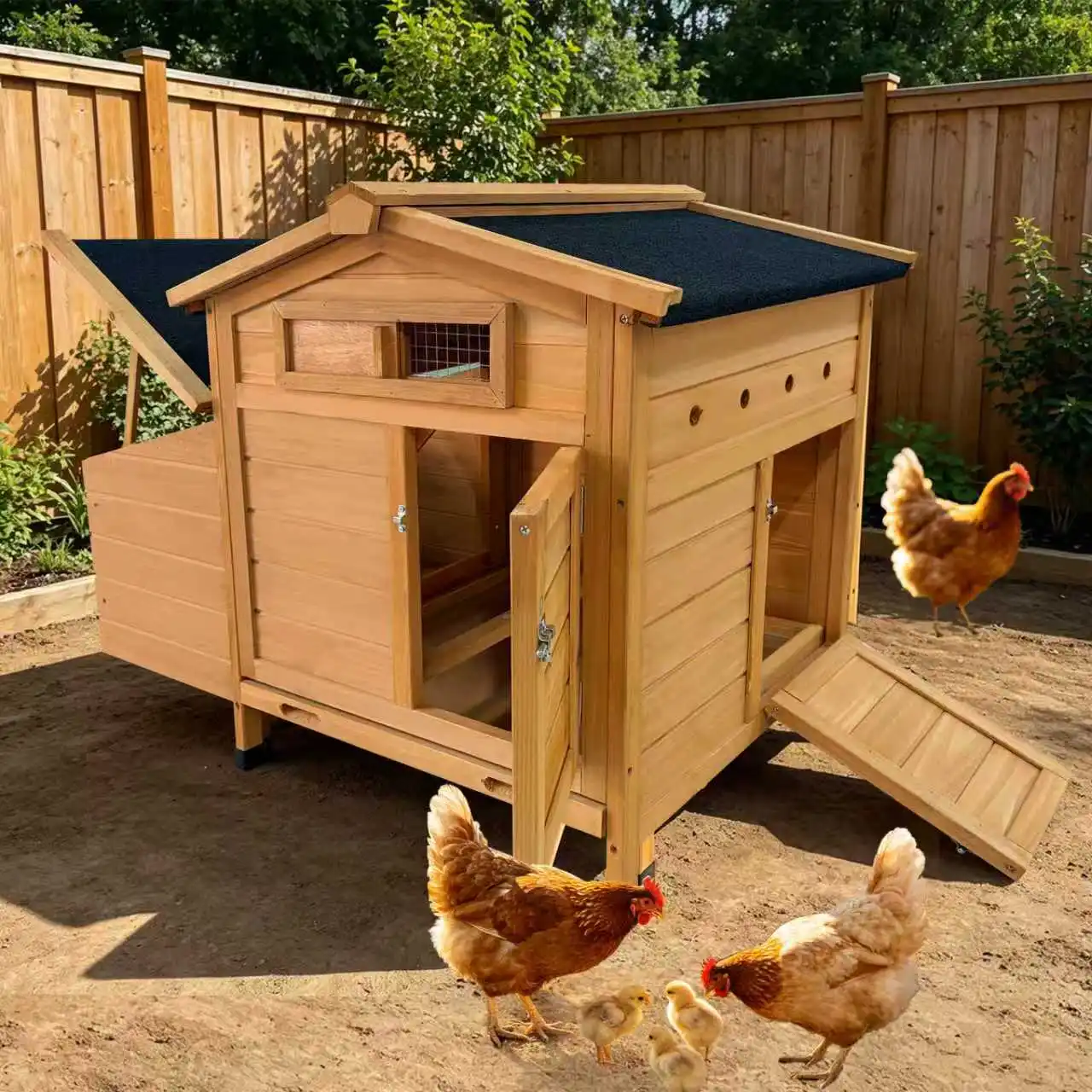 Poulailler sur échasses avec nichoir en bois, nichoir surélevé, anti-prédateurs, facile à nettoyer, toit à charnières et tiroir à déchets, portes à loquet sécurisé, abri surélevé pour poulets