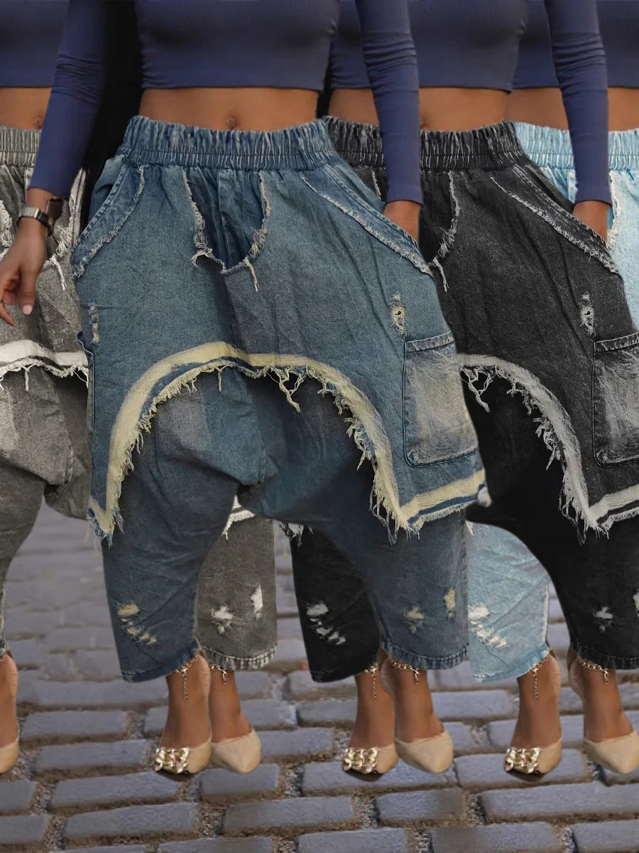 

Модные женские рваные джинсы-шаровары с высокой талией, свободного кроя, из полиэстера с микроэластичностью, темного цвета, модель «Харлан»