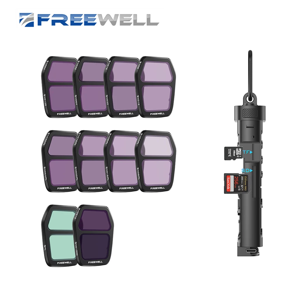 Freewell Drones Split ND Filters Kit 11 Pack ND/PL PL ND Filter and TF Card Reader for DJI Air 3S Drone Lens Camera Accessories