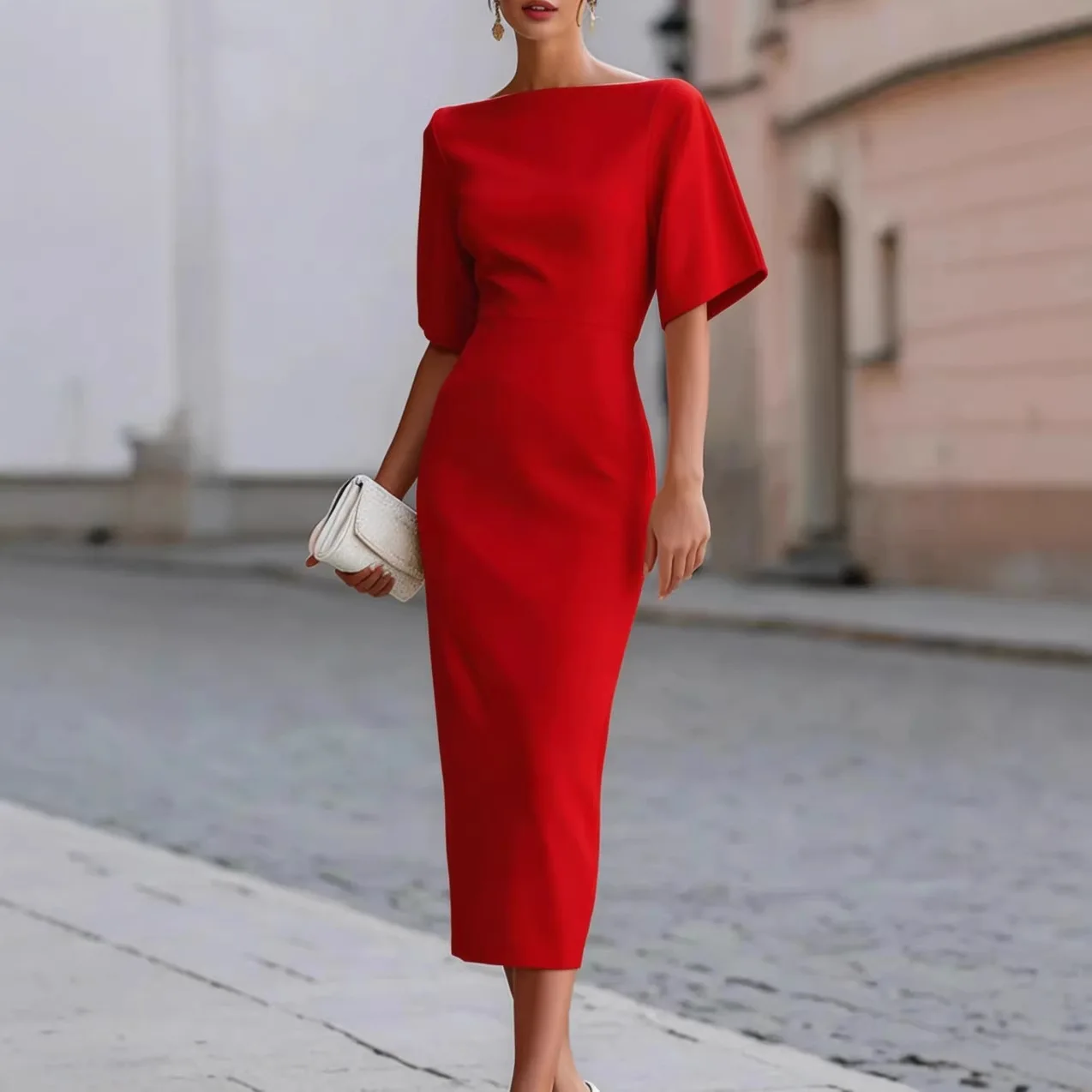 

2026 women's new elegant dress with a waist cinching and slimming effect, mid length dress