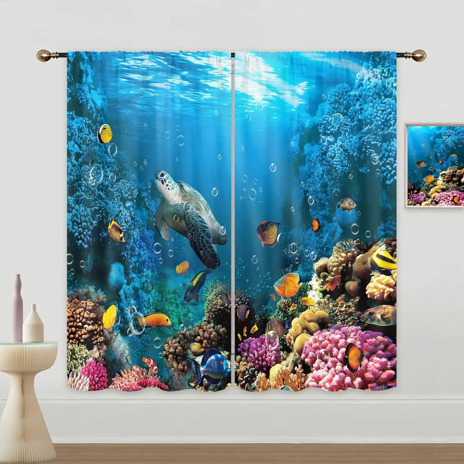 Cortinas Infantiles de Tortuga Marina para Dormitorio, con Bolsillo para Barra de 2 Pulgadas, Diseño Tropical de Playa, Peces, Coral y Náutico Submarino, 2 Paneles