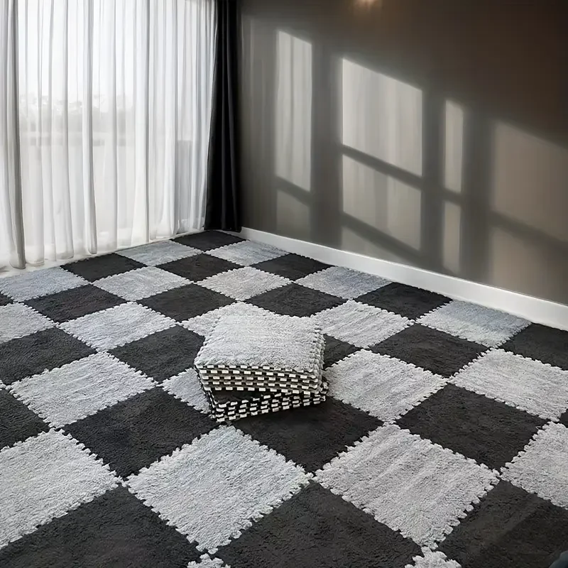 Checkerboard Rug Shaggy Play Mat Interlocking Foam Carpet Tiles Soft Non-Slip Washable Puzzle Mats for Kids Nursery Bedroom