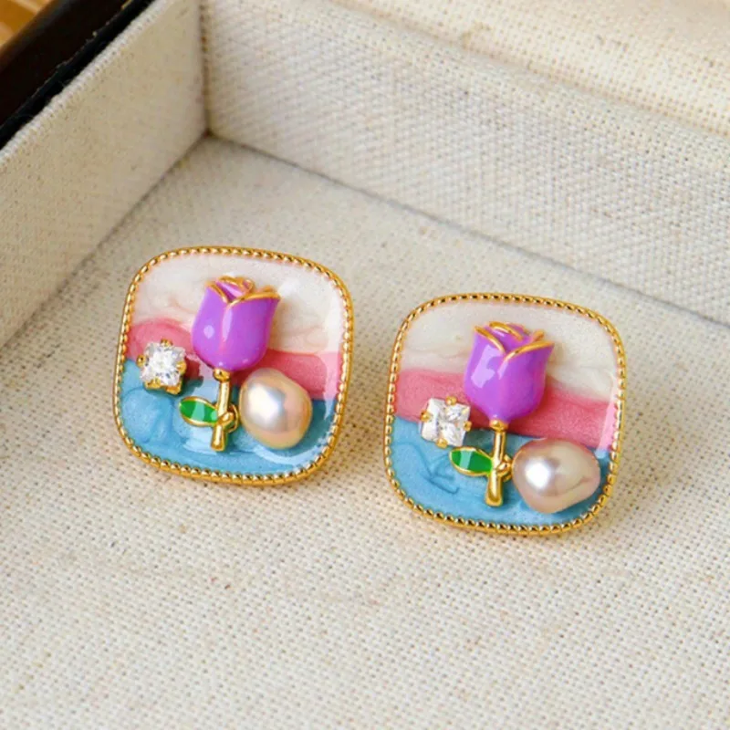 Women's Retro Color Drop Earrings Freshwater Pearl Rose Stud Earrings Fashionable All-match Oil Painting Ear Studs Jewelry Gift image 5