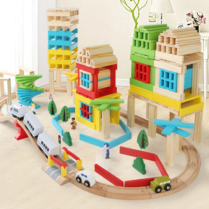 Wooden children's beech track small train Archimedes building blocks building stick set educational toys 3 years old blocks