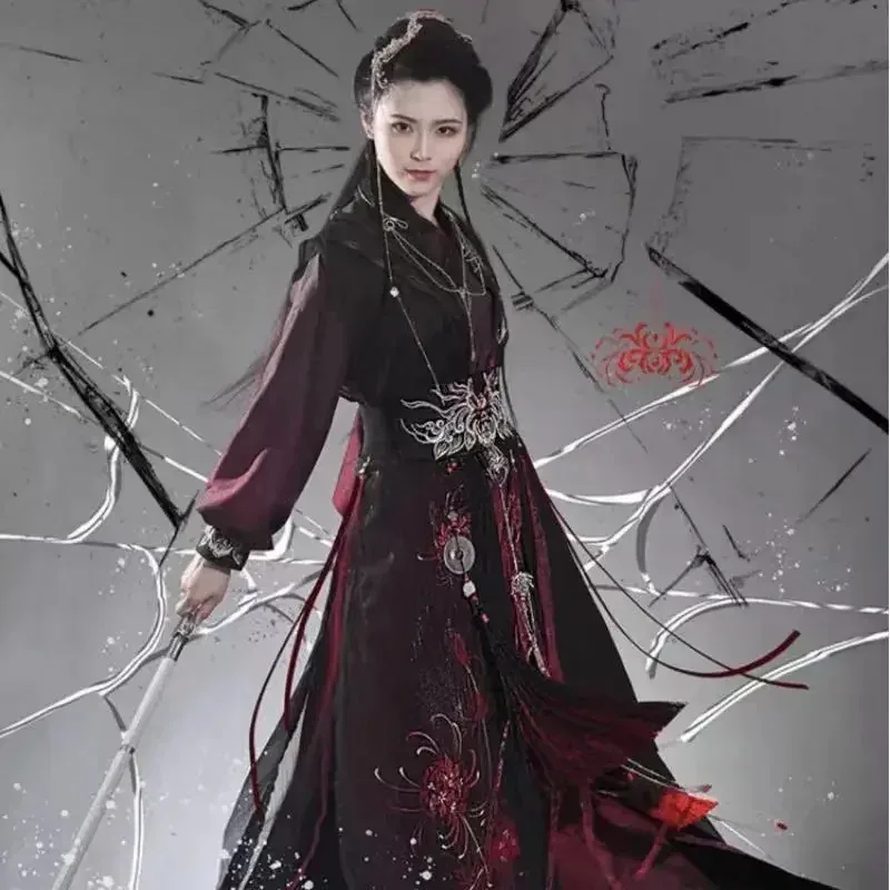 

CyDark Black Red Spider Han Elements Clothes Women Song Dynasty Cross Collar Hanfu Beizi Dress Niche Boy Anime Cosplay Costume20