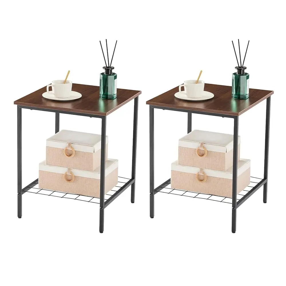 

End Table With Shelves 16 H Square 2-Tier Coffee Tea Wooden End Table Nightstand For Sofa Couch Bed Industrial Style Beside