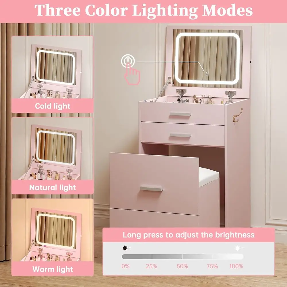 Compact Vanity with 3 Ders, 3 in 1 Vanity Desk, Makeup Desk with lip-up 3 ColLighting Mirror and Cushioned Stool, Small Vanities - view 5