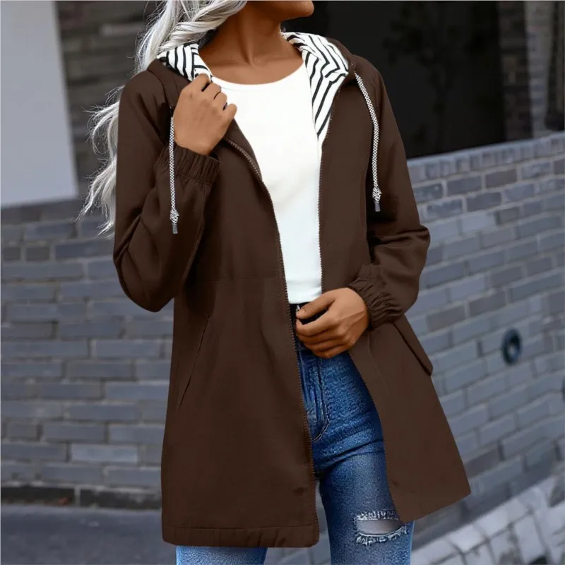 Outdoor Waterproof Windproof Mid-length Trench Coat Women's Hooded Raincoat with Striped Patchwork Drawstring for Autumn Winter