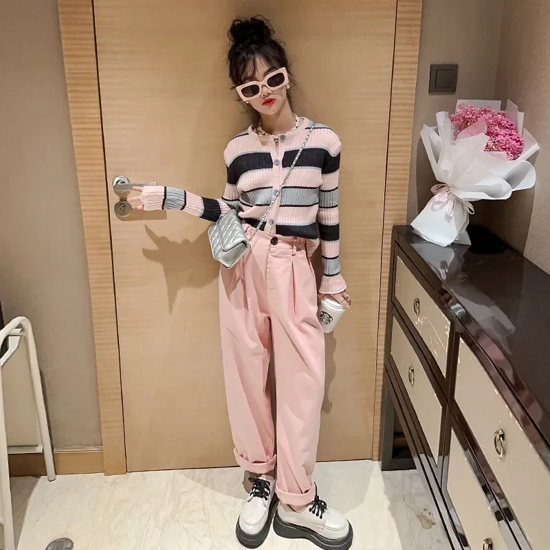 2024 Korean Spring Autumn School Girl 2-Piece Sets Junior Girl Striped Single-breasted Knitteed Top+Straight Pants Set For Girl