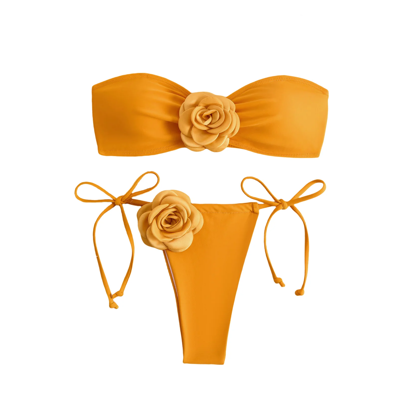Exquisite Strapless Orange Sexy Bikini Set Women's Brazilian Swimsuit 3D Flower Design Two Piece Bikinis Women Bathing Swimwear
