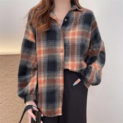 Flannel Plaid Shirt Women Autumn Winter Loose Long Sleeve Single Breasted Check Shacket Teen-girl Preppy Style Outfit