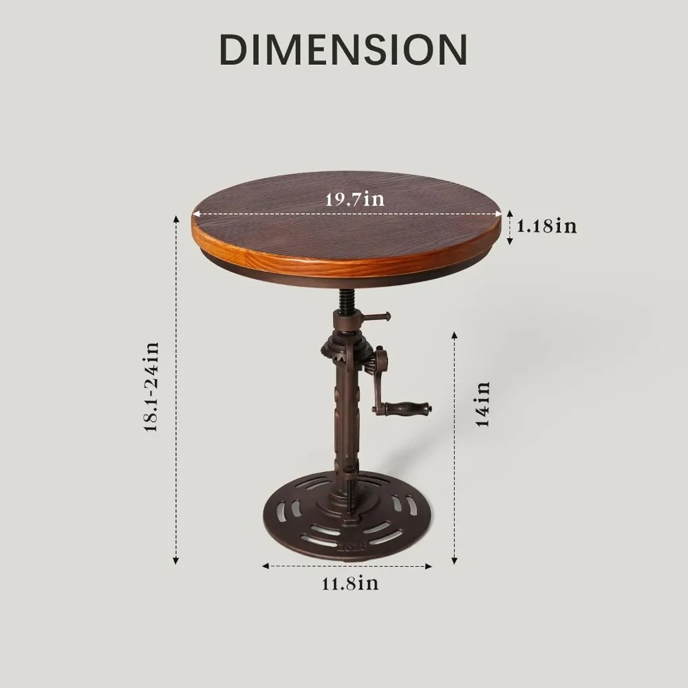 Industrial Style Metal and Wooden Side Table with Hand Crank Adjustable Height, Suitable for Living Room and Bedroom Use