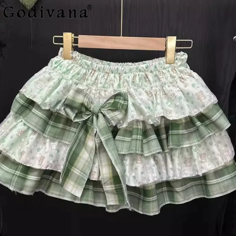 Girls Japanese Sweet Lolita Style Skirt High Waist Print Ruffles Bow Cake Mini Skirt Women Kawaii Cute Y2k Short Skirts
