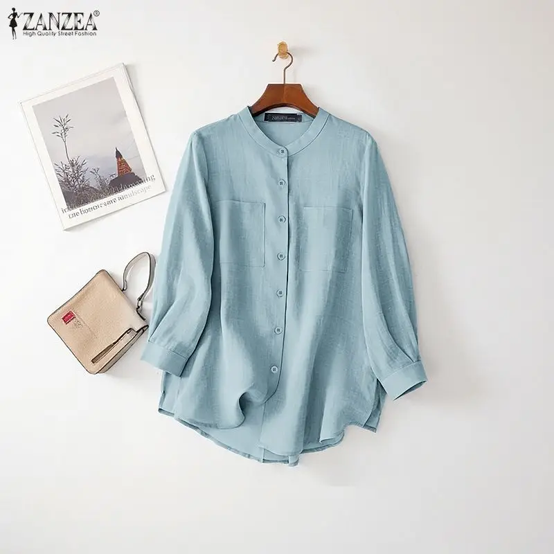 ZANZEA-Women's Minimalist Blue Shirts Casual O-Neck Long Sleeve Pockets Button Up Solid Color Shirt Spring Summer Woman Tops 3XL