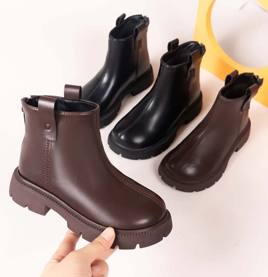 Girls Leather Ankle Boots Children Chelsea Boots Non-slip Fashion Kids Short Boots for Boys Princess Britain PU Shoes Szie 23-36