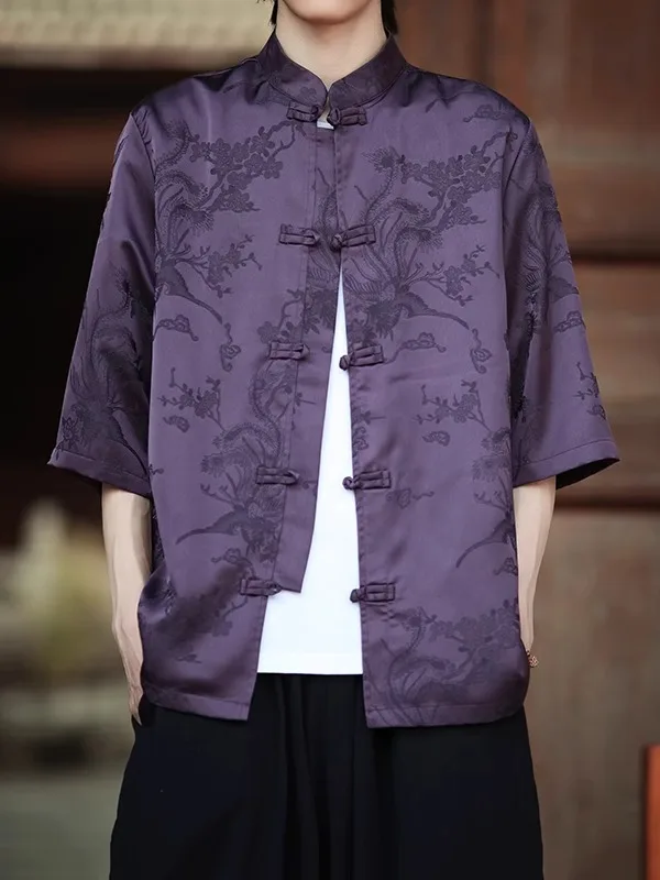 

Мужской летний костюм Ханьфу из ледяного шелка с вышивкой Феникса и пуговицами-дисками, новый китайский стиль, модный, Zhongan