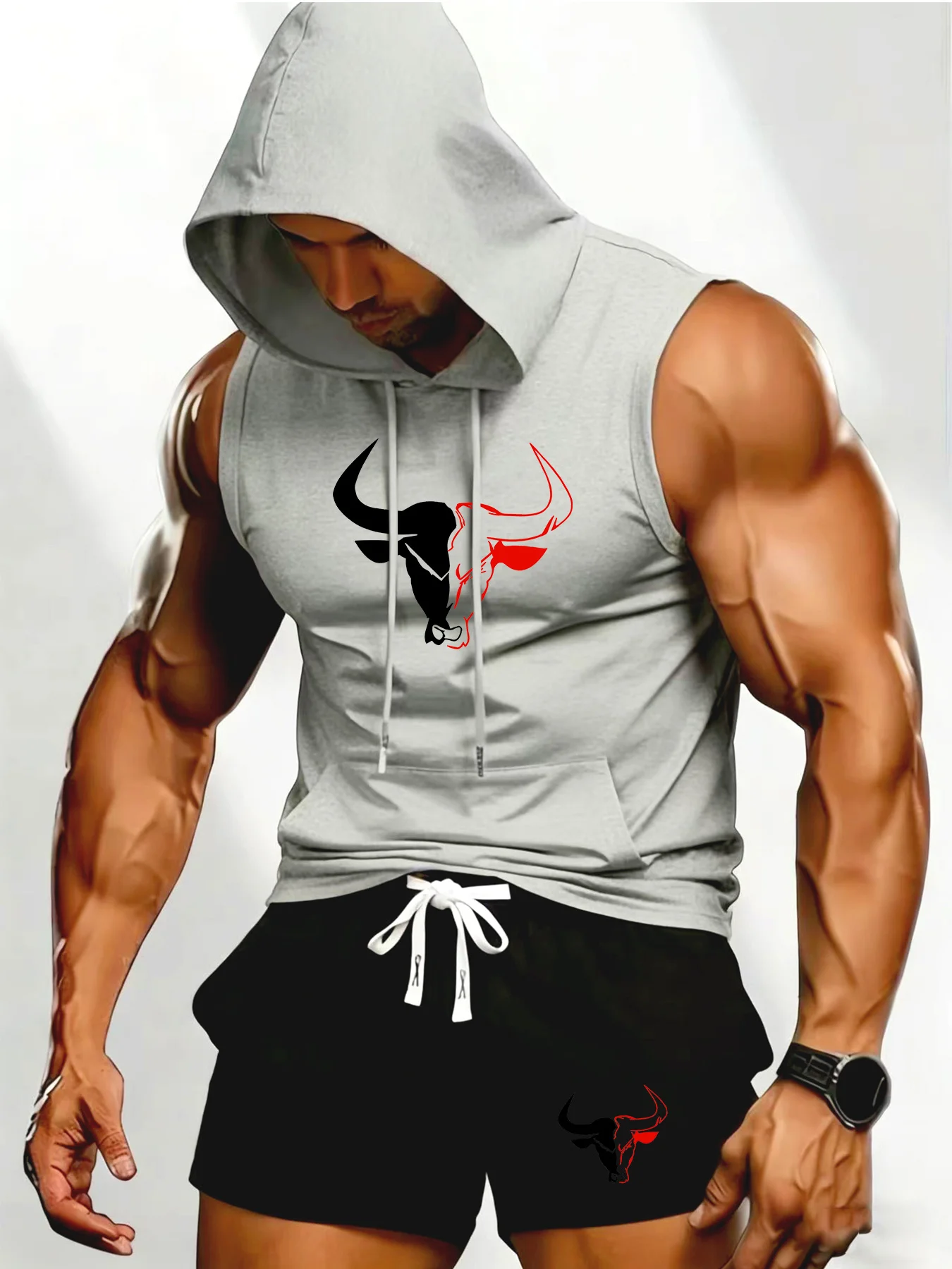 Men's Old School Gym Print Sleeveless Hoodie Tank Top - Bodybuilding Workout Hooded Vest, Breathable Muscle Fitness T-shirt for