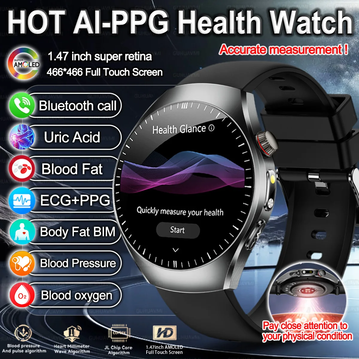 New Brand 2026 upgrade Health Check Smart Watch ECG Blood Lipid Uric Acid Body Fat Sport Waterproof HD Call SmartWatch Man Women