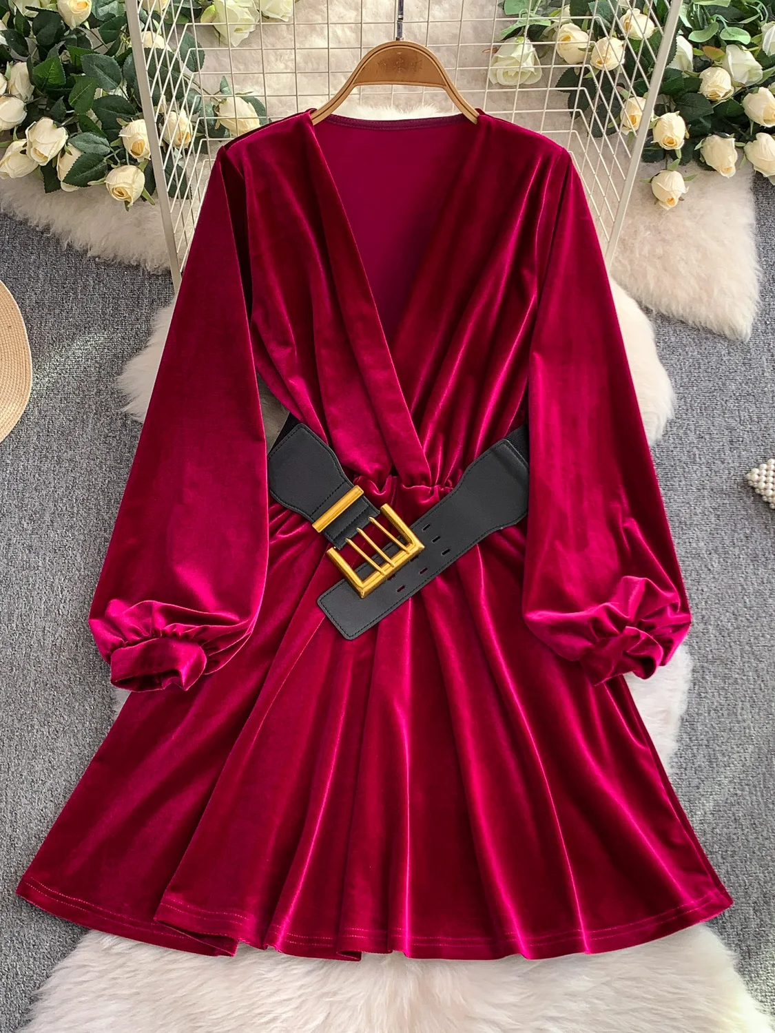 Rétro velours croix v-ne lanterne Sve Dr femmes ceinturée taille mince ort jupe longue Sve a-ligne Dr pour l'automne