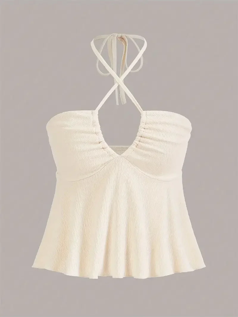 

Chic Cross Front Ruched Halter Top - Flattering Tie Back, Sleeveless Summer Style - Trendy Y2K Inspired, Perfect for Cute & Coqu