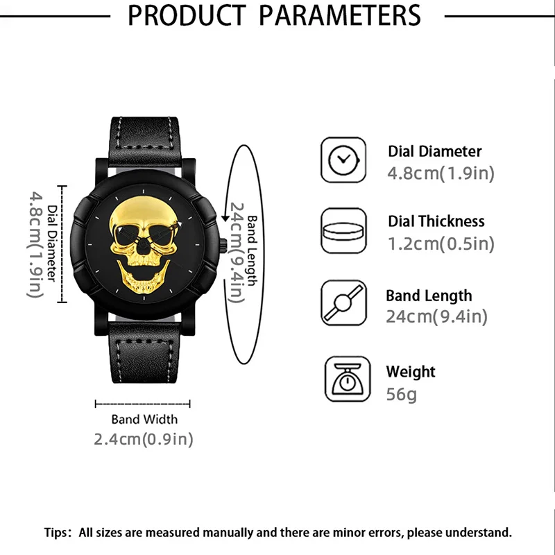 3PCS Luxury Mens Skull Watches Classic Men Business Leather Quartz Wristwatch Fashion Male Black Necklace Bracelet Watch