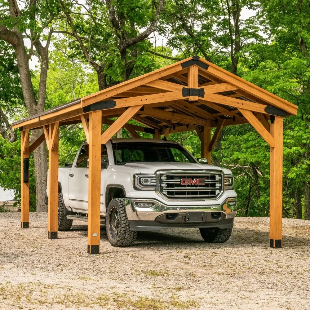 20 ft. x 12 ft. All Cedar Wooden Carport Pavilion Gazebo with Hard Top Steel Roof Light Brown