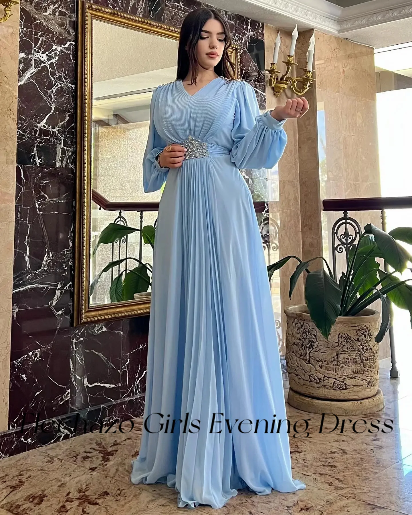 Flechazo Light Blue Chiffon Evening Dress V Neck A Line Pleat Floor-Length Birthday Party Gown Customized Women robe de soiree
