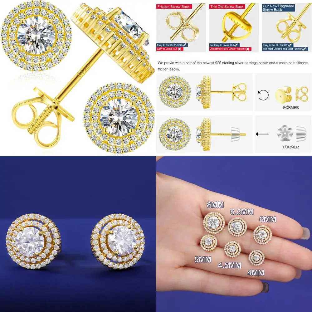 أقراط مويسانيتي مزدوجة هالة برغي خلفي من الفضة الإسترليني المطلية بالذهب عيار 18 قيراط - أقراط مويسانيتي كبيرة الحجم للنساء