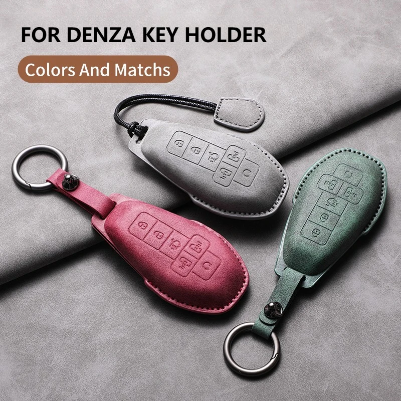 

3D Leather Suede Car Key Case Cover For Denza D9 EV DM Anti-Scratch Auto Keychain Protector Shell Decorative Holder Accessories