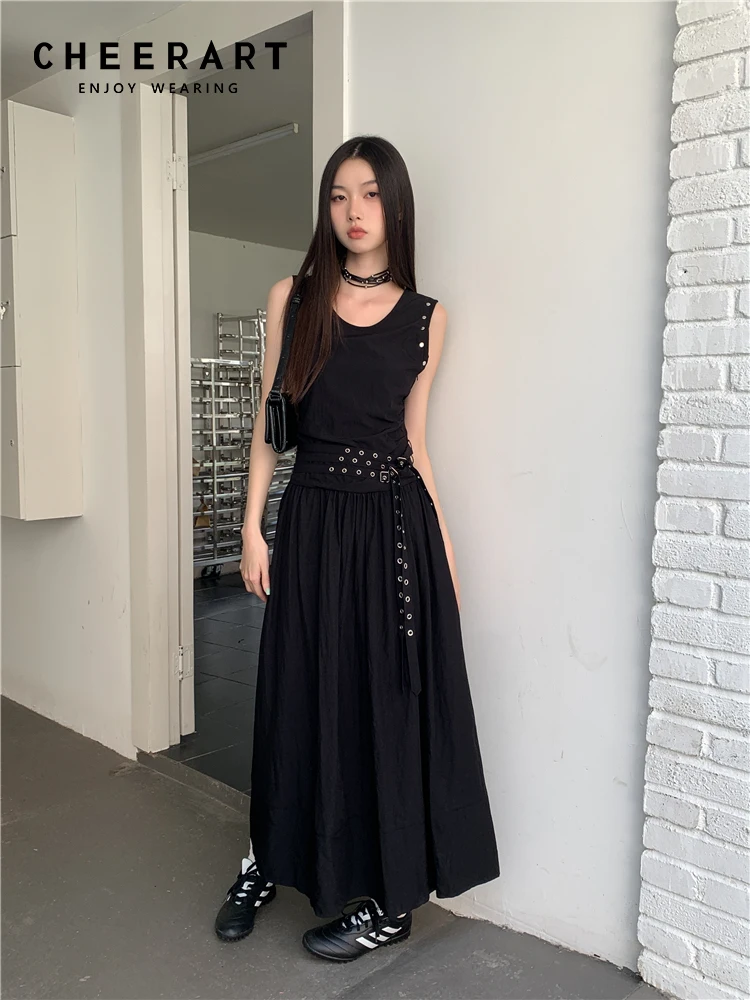 CHEERART Rivet abito lungo senza maniche per donna 2023 Summer Classy Black A Line Maxi Dress con cintura abiti firmati