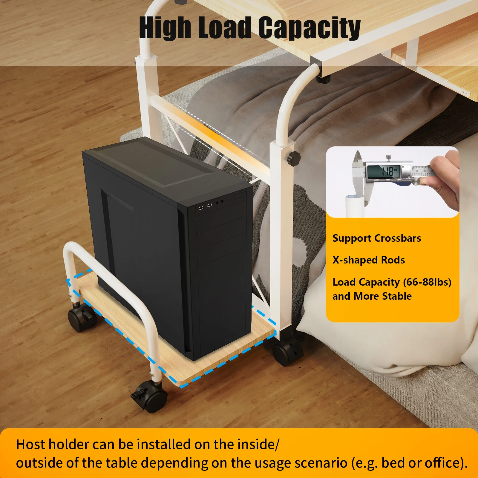 Portable Bed Table with Keyboard Tray & Universal Wheels, Freestanding Storage Rolling Overbed Desk Adjustable Height & Width