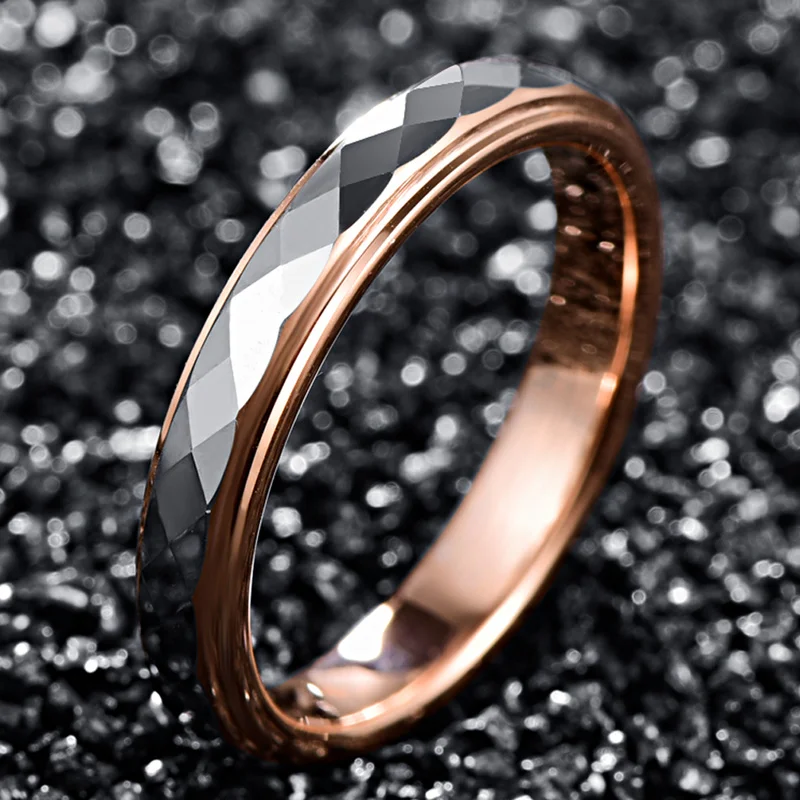 4mm Tungsten Carbide Ring Surface Polished Rhombus Shaped Batch Rose Gold Plating Side Step Wedding Ring