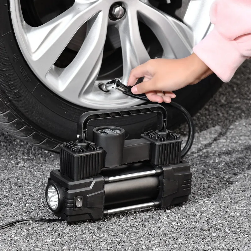 Car double cylinder inflatable high-power air pump folding portable metal shell air pump 12V air pump