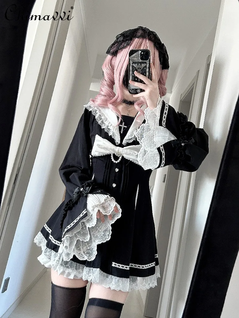 

Original Mine Series Dress and Shorts 2 Piece Set Women's Japanese Gothic Cross Sailor Collar Long Sleeve Slim Lolita Outfits