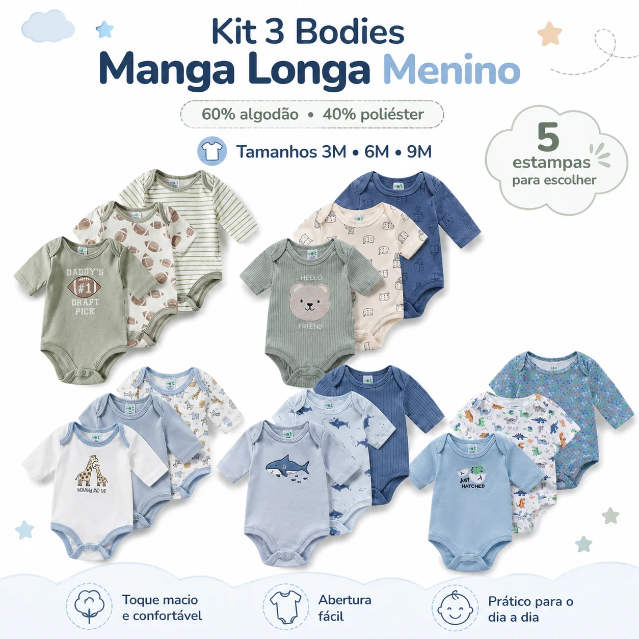 Conjunto 3 Peças Body Infantil Manga Comprida 60% Algodão Estampa Animal e Listrado Toque Suave para Inverno